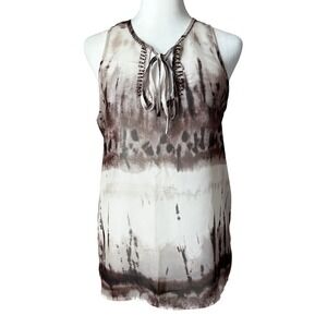 Violet + Claire Brown Cream Tie Dye Beaded Keyhole Sleeveless Blouse Medium New